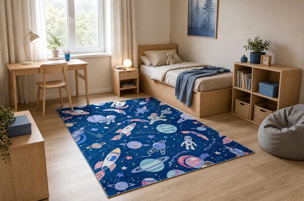 BAMBINO 61580 covor lavabil rachetă spațială pentru copii anti-alunecare - bleumarin / portocaliu