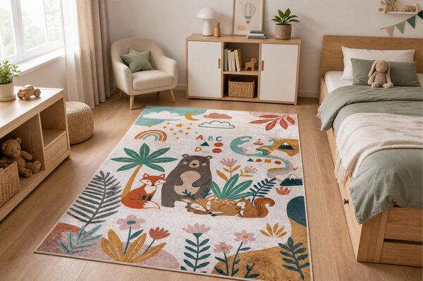 BAMBINO 61410 covor lavabil Animale, stele, nori pentru copii anti-alunecare - cremă / verde