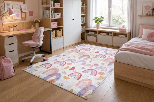 BAMBINO 61480 covor lavabil Curcubeu, puncte pentru copii anti-alunecare - cremă / roz
