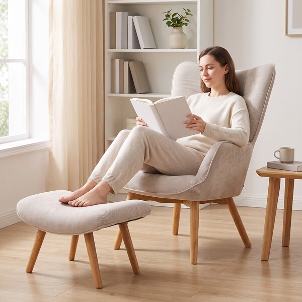 HOMCOM Fotoliu cu Taburet pentru Cameră sau Living din Catifea cu Model Crestat , Spătar Înalt și Brațe, 72x80x101 cm, Bej | Aosom Romania