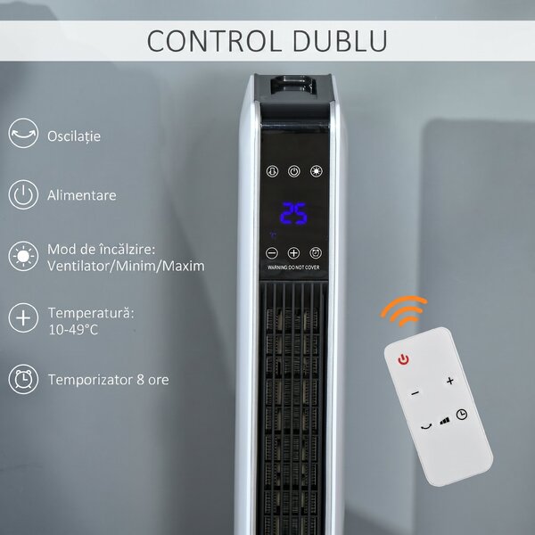 HOMCOM Încălzitor Electric Ceramic de 2200W cu 3 Moduri de Funcționare și Telecomandă, Alb | Aosom Romania