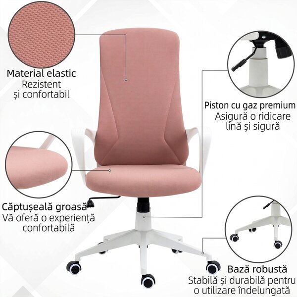 Vinsetto Scaun de birou ergonomic și căptușit, cu înălțime ajustabilă și balans, 62x56x110-119,5 cm, roz | Aosom Romania