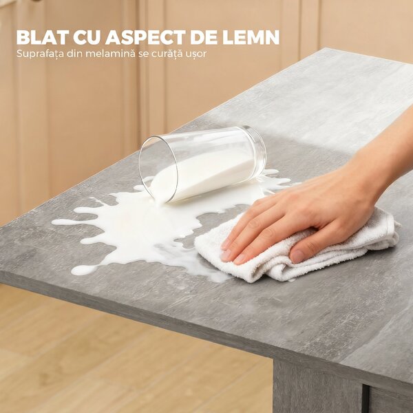 HOMCOM Masă de Dining Extensibilă pentru 4-6 Persoane Design Pliabil, 70-140cm Masă Rectangulară de Economisire a Spațiului cu Picioare Antiderapante, pentru Sala de Mese Sufragerie, Gri Efect Lemn | Aosom Romania