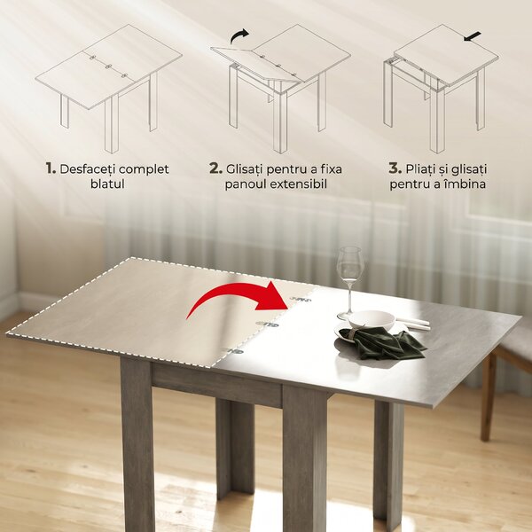 HOMCOM Masă de Dining Extensibilă pentru 4-6 Persoane Design Pliabil, 70-140cm Masă Rectangulară de Economisire a Spațiului cu Picioare Antiderapante, pentru Sala de Mese Sufragerie, Gri Efect Lemn | Aosom Romania
