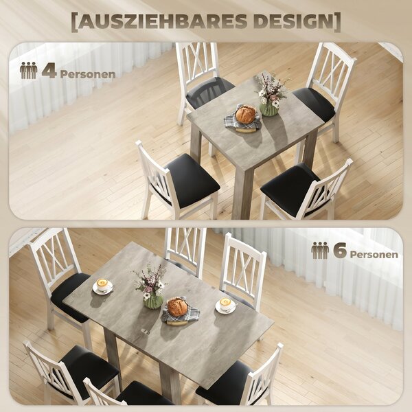 HOMCOM Masă de Dining Extensibilă pentru 4-6 Persoane Design Pliabil, 70-140cm Masă Rectangulară de Economisire a Spațiului cu Picioare Antiderapante, pentru Sala de Mese Sufragerie, Gri Efect Lemn | Aosom Romania
