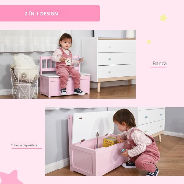 HOMCOM Cufăr pentru jucării copii bancă de depozitare capac rabatabil și balamale de siguranță 60 x 30 x 50 cm roz | Aosom Romania