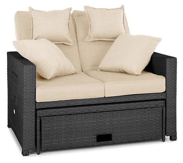 Blumfeldt Komfortzone, canapea de grădină din ratan, canapea dublă, poliratan, extensibilă, ratan negru/ perne bej