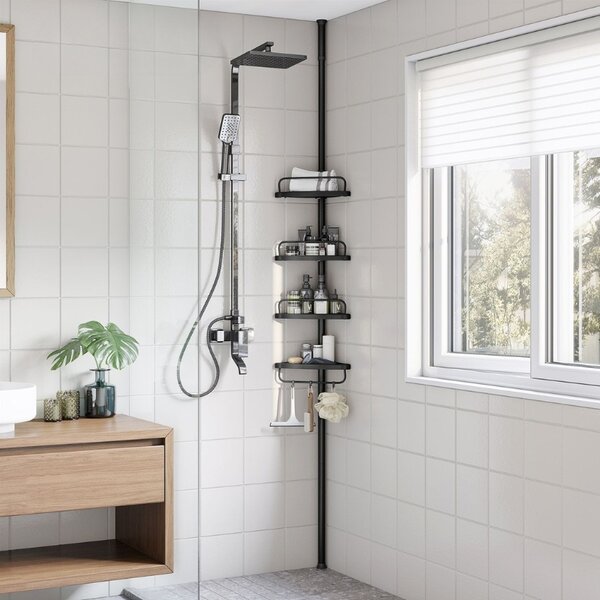 Raft de Colt Reglabil pentru Baie, cu Suport Telescopic pentru dus, 85-305 cm, de la podea pana la tavan, cu 4 Tavi, 3 Carlige, Negru
