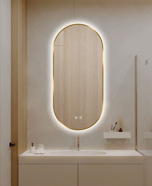 Oglindă LED Touch Premium, Dezaburire, Rama Auriu, 3 Tipuri Lumină 50/100 cm