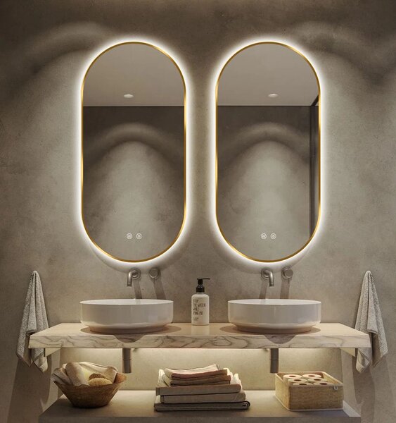 Oglindă LED Touch Premium, Dezaburire, Rama Auriu, 3 Tipuri Lumină 50/100 cm