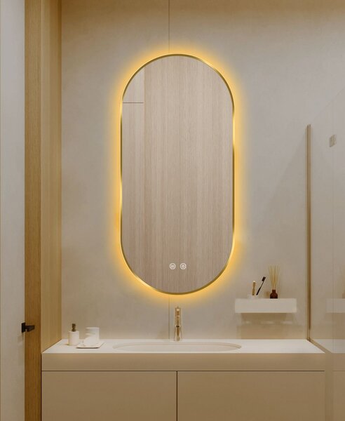 Oglindă LED Touch Premium, Dezaburire, Rama Auriu, 3 Tipuri Lumină 50/100 cm