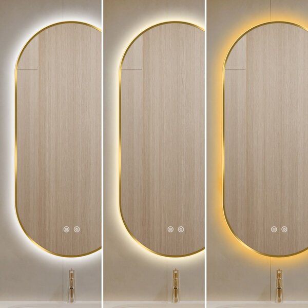Oglindă LED Touch Premium, Dezaburire, Rama Auriu, 3 Tipuri Lumină 50/100 cm