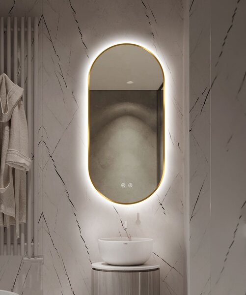 Oglindă LED Touch Premium, Dezaburire, Rama Auriu, 3 Tipuri Lumină 50/100 cm