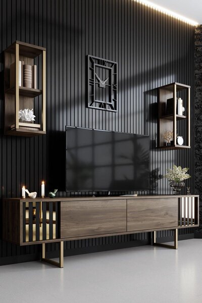 Comoda Tv Lux Gold Line Tv Stand Stylish, Alb - Nuc - Gri, 180x48x30 cm