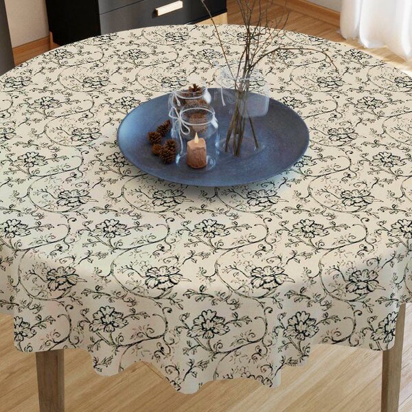 Goldea față de masă decorativă loneta - flori negre cățărătoare - rotundă Ø 140 cm
