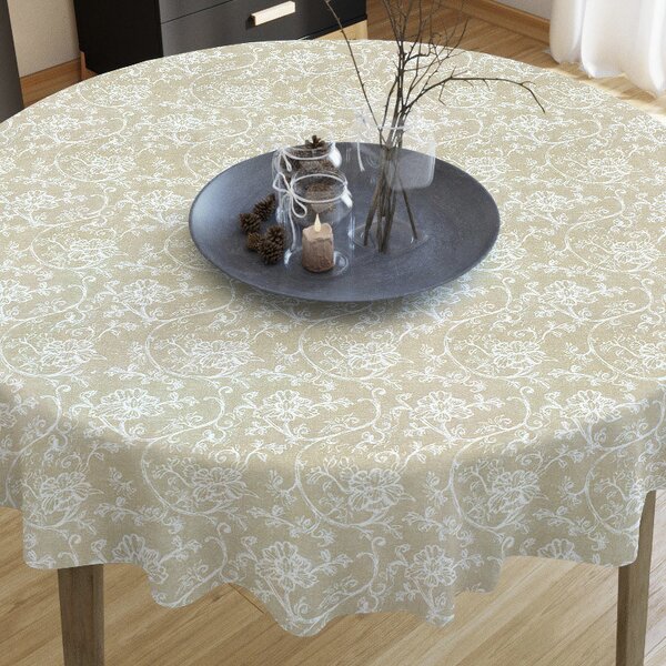 Goldea față de masă decorativă loneta - flori albe cățărătoare - rotundă Ø 140 cm