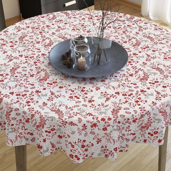 Goldea față de masă decorativă loneta - model 364 flori roșii și animale din pădure - rotundă Ø 140 cm
