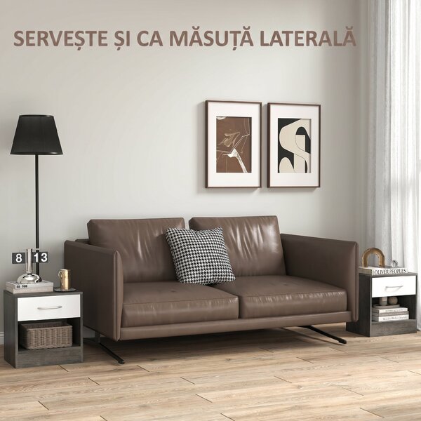 HOMCOM Set 2 Noptiere Moderne cu Raft Deschis și Sertar Alb Gri închis | Aosom Romania