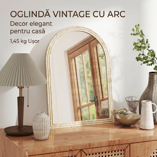 HOMCOM Oglindă de Perete în Arc cu Margine Canelată și Cârlige, Oglindă Modernă din Sticlă și Polistiren, 50x2x70 cm, Bej | Aosom Romania