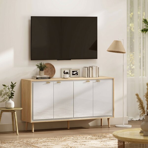 HOMCOM Bufet Modern cu 4 Uși și Raft Reglabil 141x35x77cm Alb și Stejar | Aosom Romania