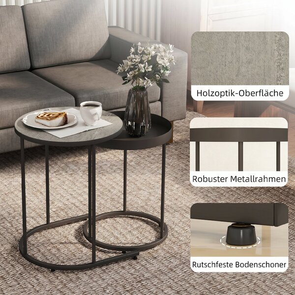 HOMCOM Set de 2 Măsuțe de Cafea în Stil Industrial, din Lemn și Metal, Ø42x54 cm și Ø36.5x48.5 cm, Gri și Negru | Aosom Romania