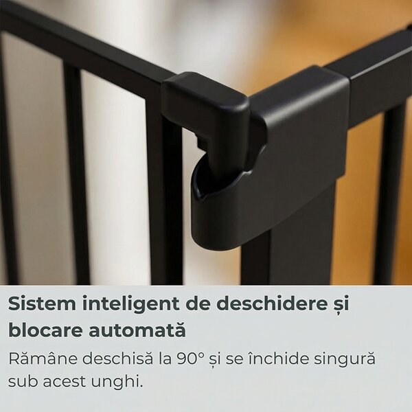 Poarta de siguranta copii Kidizi Rexa negru, reglabila 83-89 cm, montaj prin presiune, inchidere automata, certificata EN1930