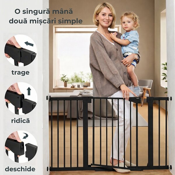 Poarta de siguranta copii Kidizi Rexa negru, reglabila 83-89 cm, montaj prin presiune, inchidere automata, certificata EN1930
