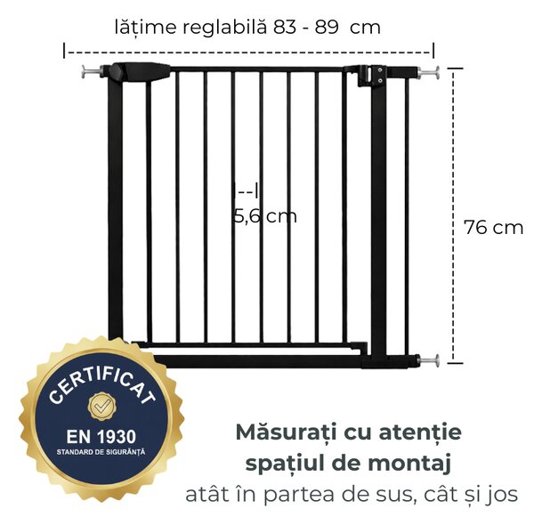 Poarta de siguranta copii Kidizi Rexa negru, reglabila 83-89 cm, montaj prin presiune, inchidere automata, certificata EN1930