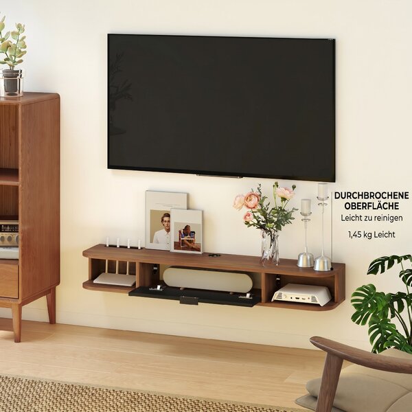 HOMCOM Mobilier TV Suspendat, Suport TV Până la 50" cu Sertar Rabatabil, 2 Rafturi Deschise și Orificiu pentru Cabluri, Mobilier pentru Televizor pentru Sufragerie, Dormitor și Sală de Stat, 120x24x16 cm, Nuc | Aosom Romania
