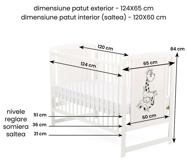 Patut din lemn masiv 120x60 cm Bria alb cu laterala culisanta si saltea cocos LUX 120x60x12 cm, reglabil pe 3 nivele, certificat EN71