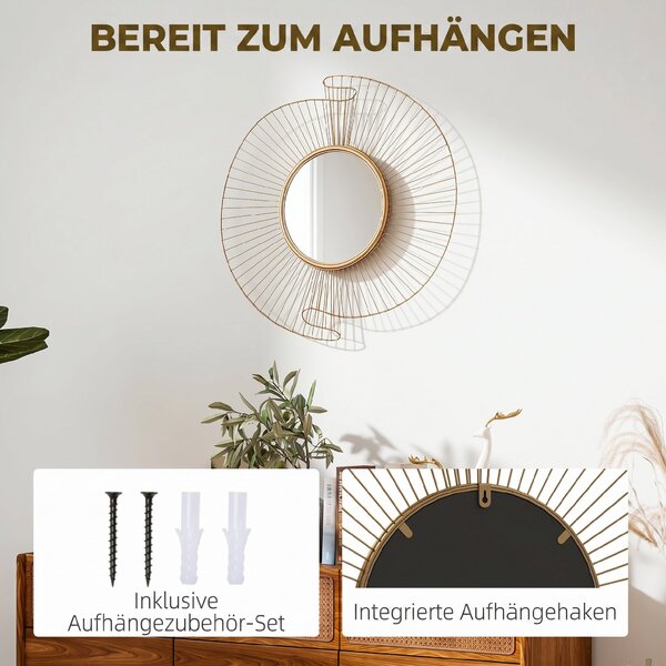 HOMCOM Oglindă Decorativă de Perete Rotundă, Design Modern cu Benzi Metalice și Ramă Plisată, Pentru Sufragerie, Dormitor și Hol, 60x60 cm, Auriu | Aosom Romania