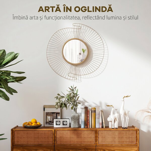 HOMCOM Oglindă Decorativă de Perete Rotundă, Design Modern cu Benzi Metalice și Ramă Plisată, Pentru Sufragerie, Dormitor și Hol, 60x60 cm, Auriu | Aosom Romania