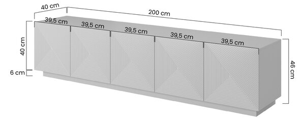 Comodă TV Asha 200 cm, cu 5 uși și fronturi riflate – negru mat