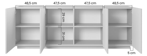 Comodă Asha 200 cm cu patru uși - alb mat