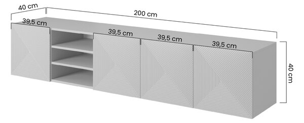 Dulap TV suspendată Asha 200 cm, partea frontală riflat și nișă – stejar artisan / rivier stone mat