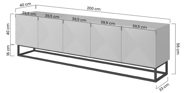 Comodă TV cu fronturi striate Asha 200 cm cu cadru metalic - negru mat
