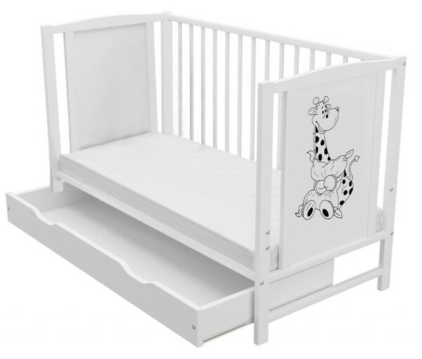 Patut din lemn masiv 120x60 cm Bria alb cu sertar si saltea antialergica cu ventilatie Air 120x60x10 cm, reglabil pe 3 nivele, certificat EN71