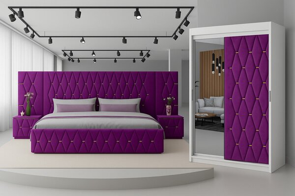 Set Mobila De Dormitor Eric Mov Cu Extensii, pat Eric cu extensii tapitat Mov 160x200cm, dulap usa tapitata 150cm, 2 noptiere tapitate si saltea
