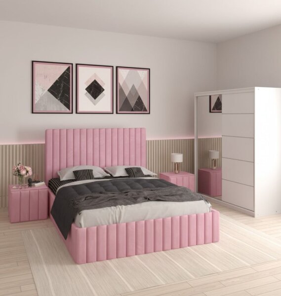 Set Mobila De Dormitor Luca Roz Alb 150cm, pat Eric tapitat Verde 160x200cm, dulap alb 150cm, 2 noptiere tapitate si saltea 160x200cm