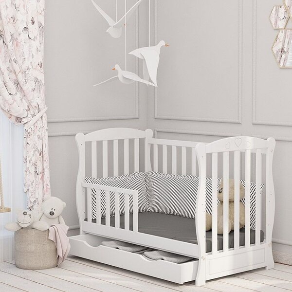 Patut din lemn masiv 120x60 cm Bethany alb cu sertar, include bariera