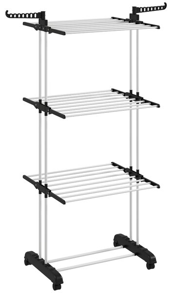 HOMCOM Uscător de Rufe Tip Turn cu 4 Niveluri, Suport pentru Uscat Rufe cu Aripi Laterale Pivotante și 4 Roți, 73x64x177 cm, Negru