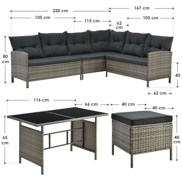 Juskys Set de grădină din ratan Manacor - perne gri/antracit
