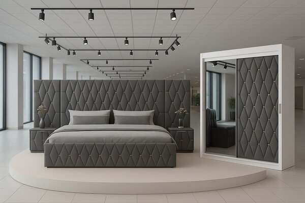 Set Mobila De Dormitor Eric Gri Cu Extensii, pat Eric cu extensii tapitat Gri 160x200cm, dulap usa tapitata 150cm, 2 noptiere tapitate si saltea
