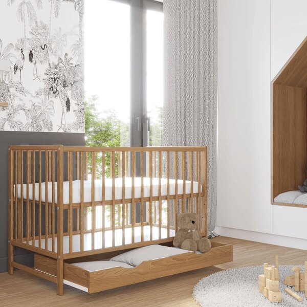 Patut din lemn masiv 120x60 cm Matilda cu sertar cu capac, somiera reglabila pe 3 nivele