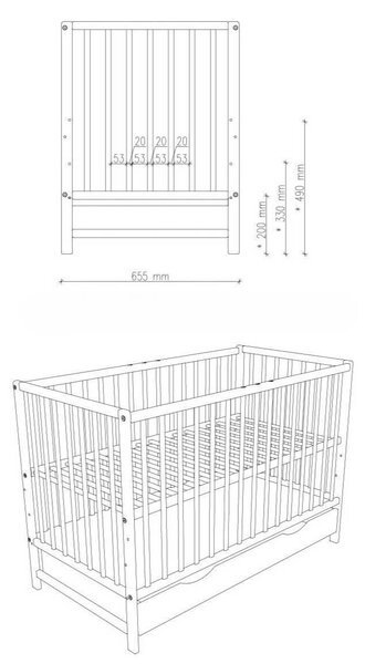 Patut din lemn masiv 120x60 cm Matilda cu sertar cu capac, somiera reglabila pe 3 nivele