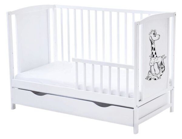 Patut din lemn masiv 120x60 cm Bria alb cu sertar si saltea cocos LUX 120x60x9 cm, include bariera, reglabil pe 3 nivele, certificat EN71