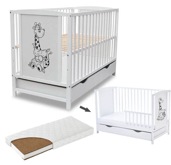Patut din lemn masiv 120x60 cm Bria alb cu sertar si saltea cocos LUX 120x60x9 cm, include bariera, reglabil pe 3 nivele, certificat EN71