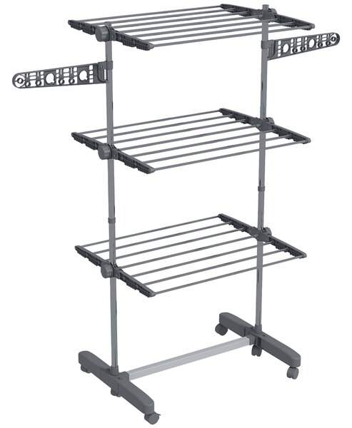 HOMCOM Uscător de Rufe Pliabil Tip Turn cu 6 Roți, Cârlige și 3 Rafturi Reglabile pentru Interior, 142x55x152 cm, Argintiu | Aosom Romania
