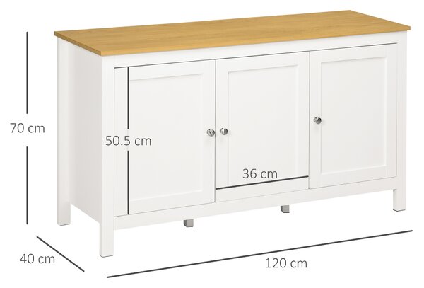 HOMCOM Credență de Bucătărie cu 3 Uși, Mobilier Modern de Bucătărie cu Raft Reglabil, Credență Tip Bufet pentru Sufragerie, Sala de Mese și Salon, 120x40x70 cm, Alb și Culoare Lemn | Aosom Romania