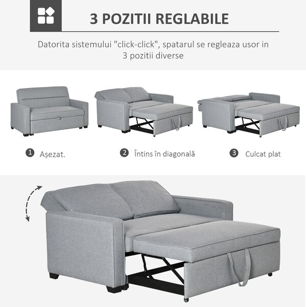 Canapea pat HOMCOM cu tapițerie din material textil, 2 locuri cu spatar reglabil pe 3 niveluri, gri | Aosom Romania